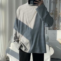 men s casual long sleeve tops UK - Men s T Shirts High Neck t Shirt Men Fashion Retro Casual Striped Tshirt Mens Streetwear Harajuku Loose Long Sleeved Male Tops 220902