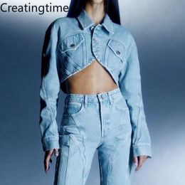 Women's Two Piece Pants Creatngtime Autumn 2 Piece Outfit Patchwork Vintage Women's Blue Lapel Button Short Denim Coat and Straight Jeans GA881 220902