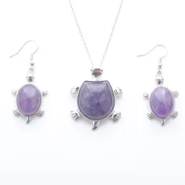 Jewellery Sets Dangle Earring For Lady Anniversary Gift Natural Stone Amethysts Tortoise Pendant Silver plated Chain 45cm Q3099