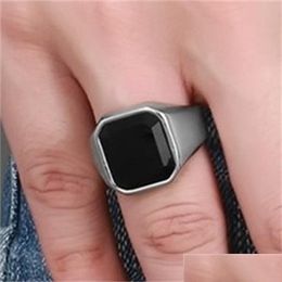 Band Rings Stainless Steel High Polished Black Agate Mens Ring Fashion Jewelry Rings Accessories Sier Size 8-12 814 R2 Drop D Vipjewel Dhmz2
