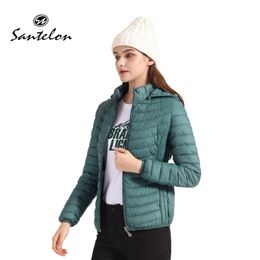 Womens Down Parkas SANTELON Women Portable Windproof Ultralight Padded Puffer Jacket Coat With Hood Female Warm Inflatable Outdoor Cotton Clothes 220902