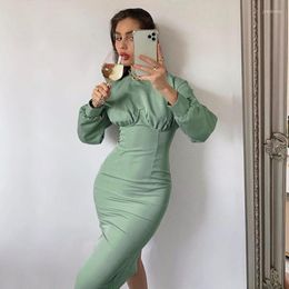 Casual Dresses Sexy Pure Turtleneck Bodycon Winter Autumn Dress Women Lantern Sleeve Party Night Green Elegant Midi Slim Mujer Vestidos