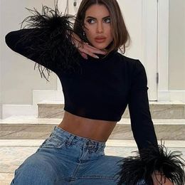 Womens T Shirt TAOVK Womens Basic Black Tshirts Ladies Turtleneck Crop Tops Fit Skinny Tops Long Sleeve Ostrich Feather Streetwear Outfits 220902