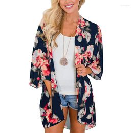 L, L Tootu Women Chiffon Loose Shawl Print Kimono Cardigan Top Cover Up Blouse Beachwear 