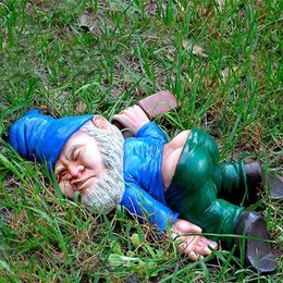 Decorative Objects Figurines S/M/L Blue Red Dwarf lying Drunk Gnome Statues Fairy Garden Decor Ornaments Flower Pot Micro Landscape Outdoor Figurine Ornament 220902