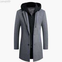 Men's Suits Blazers Autumn Winter Wool Hooded Trenchcoat Korea Style Mid Long Windproof Jacket Fashion Casual Slim Blend L220902