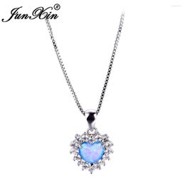 Pendant Necklaces JUNXIN Blue Opal Heart Necklace Silver Color Pendants For Women Fashion Jewelry Gift