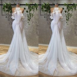 Simple Halter Mermaid Wedding Dress Beads Tiered Tulle Floor Length Trumpet Bridal Gowns Robe De Soiree Custom Made