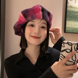 Berets Korean Minority Plaid Beret Hat Autumn And Winter Big Head Circumference Literary Painter Cap Japanese Cloud Women's Hats Trend