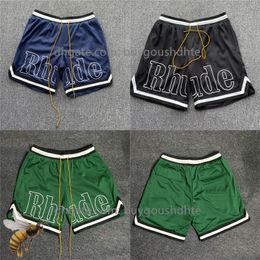 High Quality Mesh Rhude Shorts Men Women Yellow Drawstring White Print Rhude Beach Summer Shorts