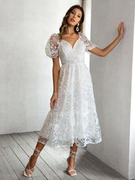 Party Dresses Simplee Elegant Embroidery Floral Tulle Dress Summer White Puff Sleeve V-neck Wedding Women Buttons Mesh Vestido