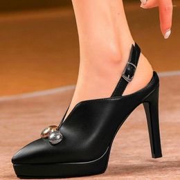 Dress Shoes Punk Goth Platform Pumps Women's Genuine Leather Pointed Toe Sandals Slim High Heels Slingback Summer Ankle Boots