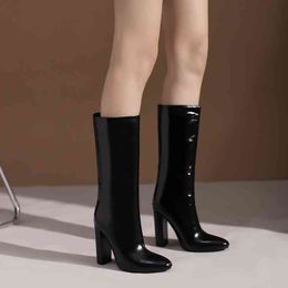 2024ss Boots Women Shoes Fashion Gradient Lacquer Leather Autumn Winter Chelsea High Heel Female Knee Ladies Rain Snowboots Red High heel stretch