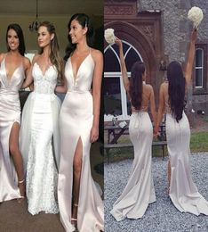 Satin Bridesmaid Dresses Spaghetti Straps Criss Cross Back Side Slit Ruched Pleats Floor Length Maid Of Honor Gown Vestidos Custom Made Plus Size 403