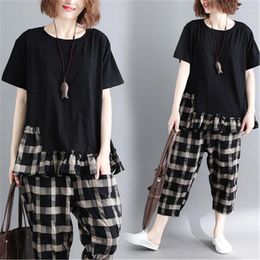 Women's Tracksuits Summer 2022 Round Neck Short-Sleeved Stitching Cotton And Linen Plaid Top Nine-Point Pants Two-Piece Casual Suit Female