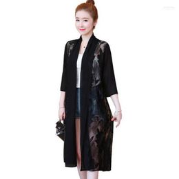 Women's Jackets Women's Fashion Ladies Lace Patchwork Chiffon Jacket Oversize 2022 Women Three Quarter Sleeve Solid Loose Thin Long