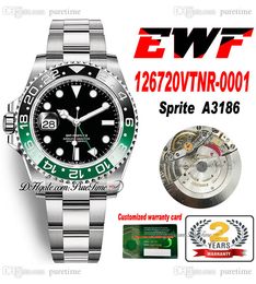 EWF GMT II A3186 Automatic Mens Watch Sprite Black Green Ceramic Bezel 904L OysterSteel Bracelet Left Hand Same Serial Card Super Edition Watches Puretime A1