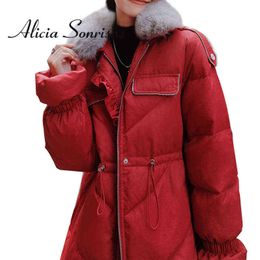 Women's Down Parkas Long Winter Duck Down Jacket Women 2021 New Fur Collar Red Black White Loose Bract Sleeve Drawcord RuffleThick Warm Woman Coat T220902