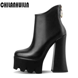 Boot New Punk Style Genuine Leather Ankle Boots for Woman Zip Chunky High Heels Thick Platform Pumps Autumn Winter Shoes 221223