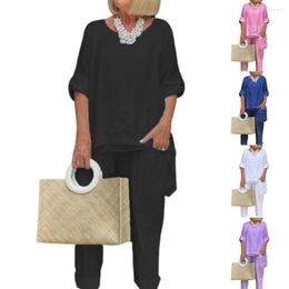 Women's Two Piece Pants 1 Set T-shirt Solid Color Irregular Hem Women Round Neck Blouse Elastic Waist Streetwear