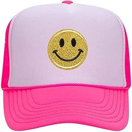 -Liebhaber Kappen Smiley Gesicht Pailletten drucken Neon High Crown Foam Mesh Back Trucker Hut für Männer und Frauen274W