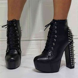 Boots Goth Platform Rivets Women High Heels Fashion Handmade Female Ankle Spring Autumn Model Catwalk Laces Ladies Shoes New 220811