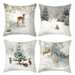 Pillow Case Aesthetic Er 18X18 Set Of 4 White Snowy Winter Rustic Linen Throw Ers Xmas Tree Reindeer Squirrel Rabbit Deco Carshop2006 Amlz4