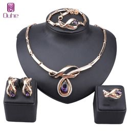 Women Crystal Grass Statement Water Drop Necklace Earrings Bracelet Ring Luxury Bride Wedding Jewelry sets