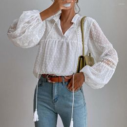 Women's Blouses Skin-touch Dot Jacquard Decor Summer Lace Mesh See-through Splicing Top Shirt Female Clothes