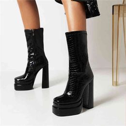 Boots Women Sexy Short Crocodile Print Square Toe High Heel Shoes for Thick Bottom Leather Mid calf Botas Mujer 220903