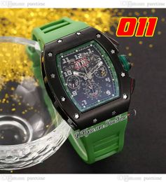 011 A21J Automatic Mens Watch PVD Steel Case All Black Skeleton Dial Big Date Green Rubber Strap 8 Styles Watches Puretime G7