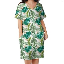 Plus Size Dresses Green Leaf Casual Dress Summer Variety Metallic Print Modern Woman Short Sleeve Street Fashion 4XL 5XL