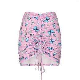 Skirts Women's Bodycon Mini Skirt Casual High Waist Mesh Butterfly Print Drawstring Short