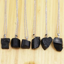 Natural Stone Black Tourmaline Irregular Pendant Rough Healing Crystal Repair Raw Ore Cylinder Necklaces Men Women Jewellry