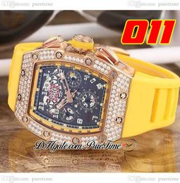 011 A21J Automatic Mens Watch Rose Gold Diamonds Bezel Black Skeleton Dial Big Date Yellow Rubber Strap 5 Styles Watches Puretime D4