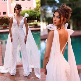 Abito sexy da sposa bianco Scollo a V profondo Tute senza schienale in pizzo Abiti Plus Size Abiti da sposa nuovi progettati su misura es