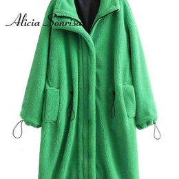 Women's Down Parkas 2021 Winter Autumn Women Faux Fur Stand Collar Loose Solid Green Lamb Zipper Cardigan Coat Long Sleeves Pockets Jacket Femme T220902