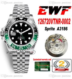 EWF GMT II A3186 Automatic Mens Watch Sprite Black Green Ceramic Bezel 904L JubileeSteel Bracelet Left Hand Same Serial Card Super Edition Watches Puretime B2