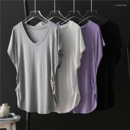 Women's T Shirts Modal Women T-Shirts Summer 2022 V-Neck Purple Slim Solid Pleated Elegant Female Pulls Outwear Tops Tees