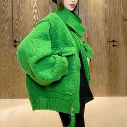 Women's Down Parkas Green Sweater Coat Cardigan for Women 2021 New Korean Dongdaemun Autumn and Winter Thickening Fringed Sweater Top T220902