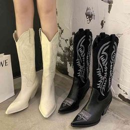 Boots Women Cowboy Boots Pointed Toe Women's Shoes Embossing pu Leather Shoes Knee-High Boots Chunky Wedges shoes Drop Shipping 220903