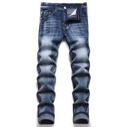 Slim Fit Men's Stretchy Skinny Jeans 2022 Autumn Casual Cotton Denim Trousers New Street Blue Print Pants Mid-waist Pantalones