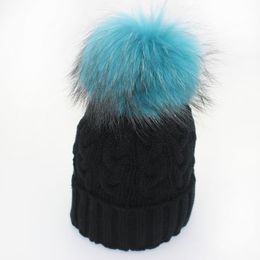 Winter Womens Beanies Real Raccoon Fur Hats with 15cm Fur Multicolor PomPoms Hip Hop