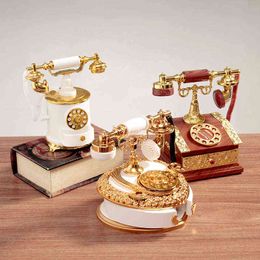 Decorative Objects Figurines Retro Dial Telephone Landline Music Box Ornaments Home Living Room Cafe Bar Ornaments Creative Decoration Ornaments T220902