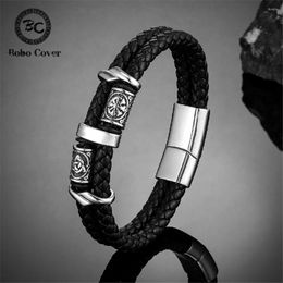 Charm Bracelets Norse Runes Double-Layer Genuine Leather Bracelet Men Stainless Steel Accessories Wristband Viking Couple Jewelry Handmade