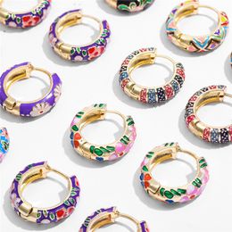 Stud Retro Enamel Hoop Huggie Earrings for Women Colourful Flowers Designer Jewellery 18k Gold Alloy Blue Red Purple Black Girls Earring Gift