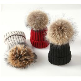 Winter Women Knitted Beanie Real Raccoon Fur Pompom Hat for Female Kids Warm Chunky Thick Stretchy Hats