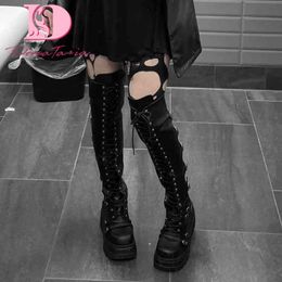 Stivali di marca di design femminile zeppe tacchi alti stivali alti alla coscia moda stivali con plateau neri donna 2022 scarpe cosplay gotiche donna 220903