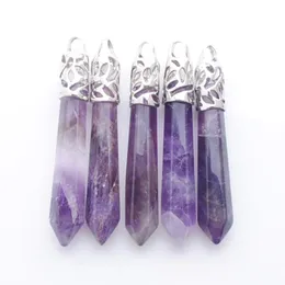 Reiki Amethysts Pendant Natural Stone Beads Long Hexagonal Prism Healing Point Necklace Pendants Men Women Jewelry N3012