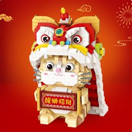 Blocks 950pcs Mini Building Lion Dance Lucky Cat Model Brick Chinese Traditional Culture Spring Festival Activity Toy Gift 220902